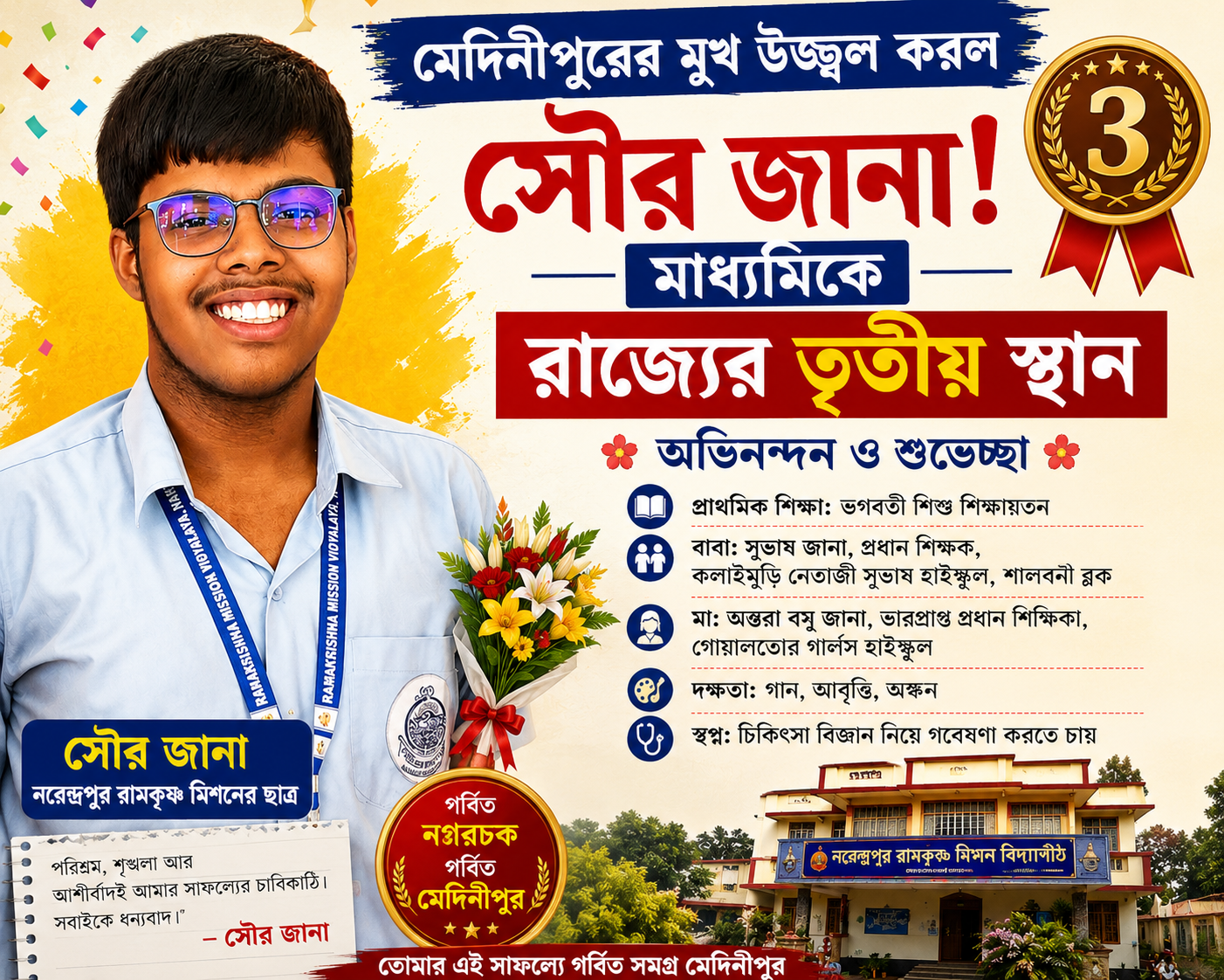 মেদিনীপুরের মুখ উজ্জ্বল করল সৌর জানা! মাধ্যমিকে রাজ্যের তৃতীয় স্থান