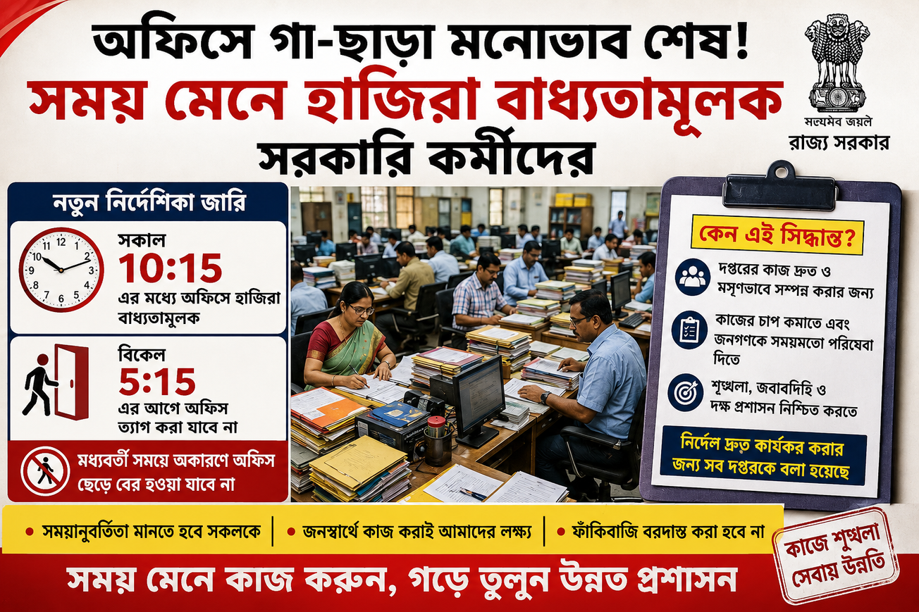 অফিসে গা-ছাড়া মনোভাব শেষ! সময় মেনে হাজিরা বাধ্যতামূলক সরকারি কর্মীদের