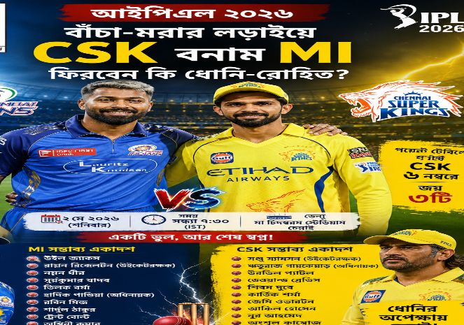 IPL ২০২৬: বাঁচা-মরার লড়াইয়ে মুখোমুখি CSK বনাম MI, ফিরবেন কি ধোনি-রোহিত?